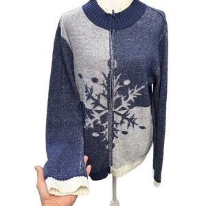 Crystal Kobe Nordic Intarsia Zip Cardigan Sweater Snowflake Knit Women Medium
